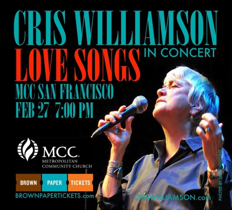 Cris Williamson in Concert February 27  7 PM at 1300 Polk Street  click for tickets